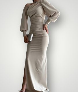 Off shoulder maxi jurk beige
