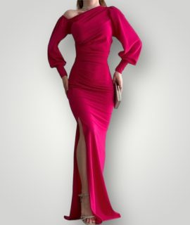 Off shoulder maxi jurk fuchsia roze