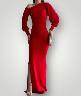 Off shoulder maxi jurk rood