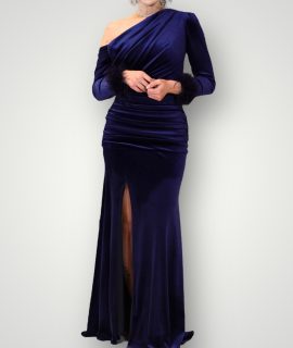 Off shoulder maxi jurk blauw fluweel velours