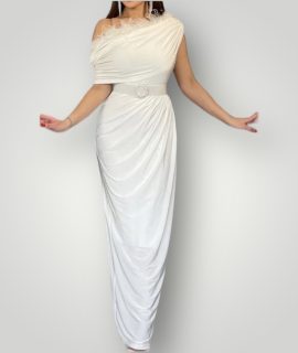 Off shoulder maxi jurk met veren wit