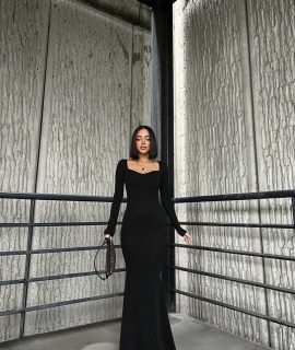 MAXI DRESS MADE OF SUBTLE GLITTER FABRIC – BLACK