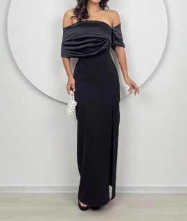 FALLEN SHOULDER DRESS WITH SPLIT – BLACK