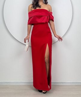 FALLEN SHOULDER DRESS WITH SPLIT – RED