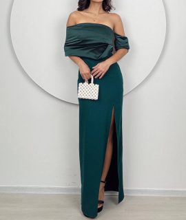 FALLEN SHOULDER DRESS WITH SPLIT – EMERALD GREEN