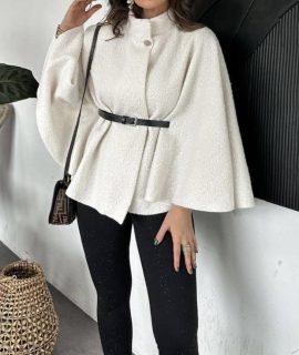 PONCHO MADE FROM COMBINED TEDDY FABRIC & BELT – BEIGE