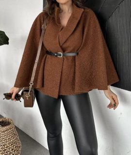 PONCHO MADE FROM COMBINED TEDDY FABRIC & BELT – BROWN