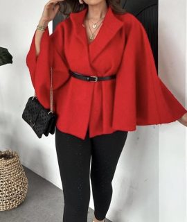 PONCHO MADE FROM COMBINED TEDDY FABRIC & BELT – RED
