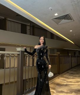 OFF SHOULDER VELVET MAXI DRESS WITH PEARLS – BLACK