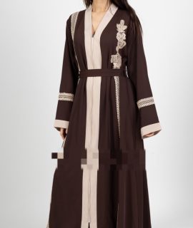 ABAYA EMBROIDERED WITH A FLOWER AND LACE WITH ZIPPER – BROWN