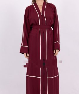ZIPPED ABAYA WITH STRIPES – BORDEAUX