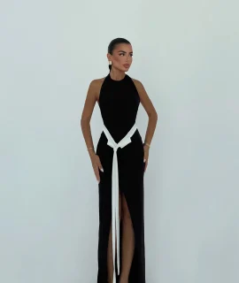 MAXI DRESS WITH LONG WAIST BOW BLACK