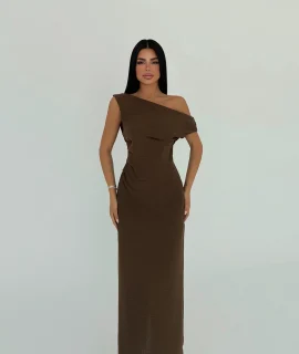 BROWN SLIT DETAIL PLEATED DRESS