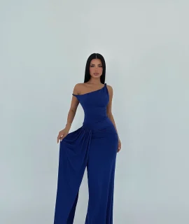 FALLEN SHOULDER MAXI DRESS WITH SIDE DRAPE – BLUE