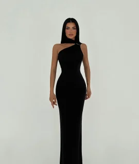 ONE-SHOULDER CHOKER DRESS WITH SHOULDER DETAIL – BLACK