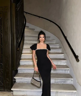 BLACK MAXI DRESS WITH EMBELISSHED SQUARE NECK